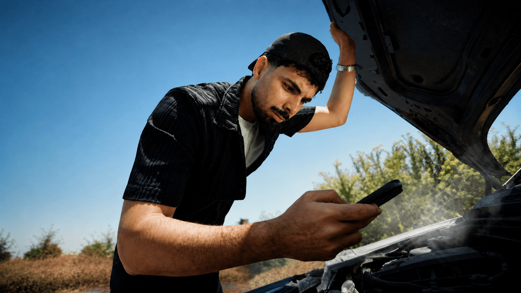 Conducteur marocain vérifiant sa voiture avec son téléphone près du moteur
